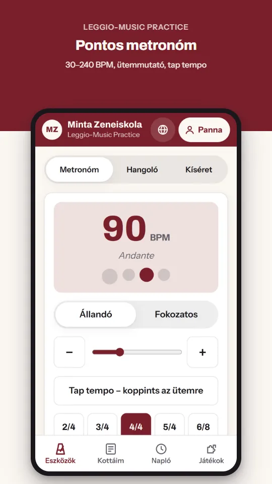 Pontos metronóm – 30–240 BPM, ütemmutató, tap tempo