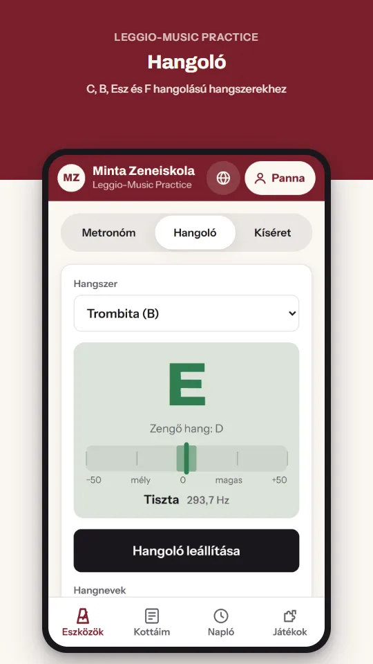 Hangoló – C, B, Esz és F hangolású hangszerekhez