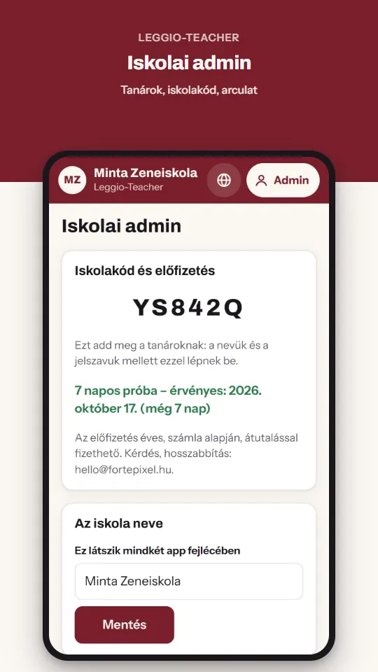 Iskolai admin – Tanárok, iskolakód, arculat